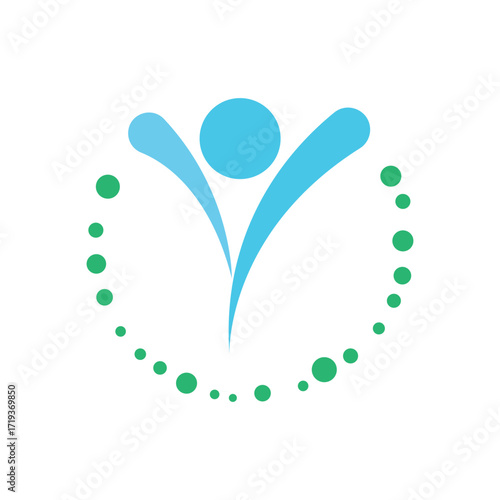 Abstract round symbol with happy human silhouette. Sport, fitness, medical or health care center logo design concept.