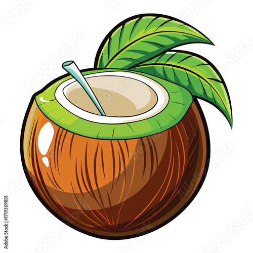 Fresh tropical coconut water is ready to drink with a straw and green leaves