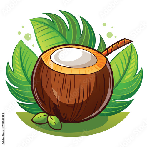 Fresh open coconut illustration with a straw and leaves creates a tropical vibe