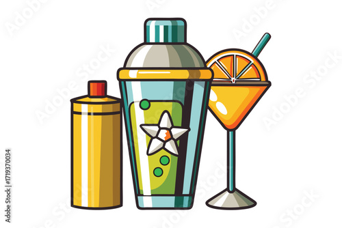 Cocktail shaker stands beside a bottle and garnished glass, ready for a party