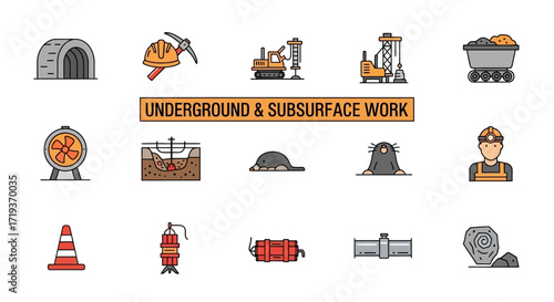 Underground and Subsurface Work Icons Set - Mining and Construction Elements.