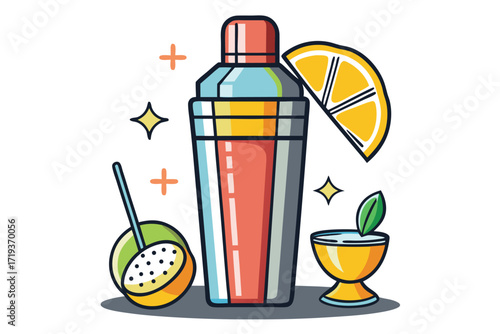 Cartoon depiction featuring a cocktail shaker, strainer, lemon slice, and small glass on white