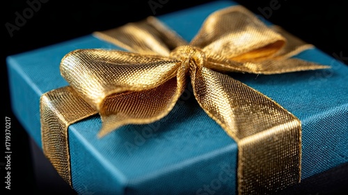 Close-up of elegant blue gift box with golden mesh ribbon