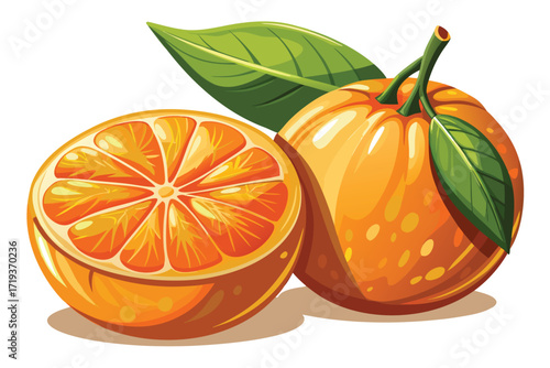 Vibrant orange fruit is sliced open, revealing juicy sections next to the whole