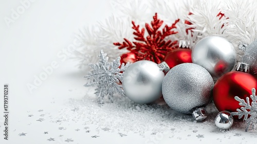 Silver and red Christmas ornaments with snowflakes and white branches