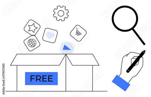 Open box labeled Free, icons popping out, magnifying glass, hand writing with pen, tech and accessibility ideas. Ideal for creativity, e-learning, technology, innovation accessibility design