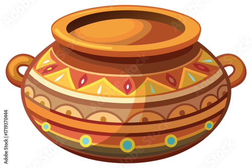 Ornate clay pot showcases vibrant geometric patterns, side handles, and cultural artistry