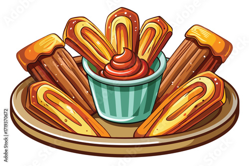 Delicious fried churros with chocolate sauce are presented on a decorated plate beautifully