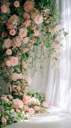Beautiful floral arrangement with pink roses and greenery. Ideal for weddings and events.