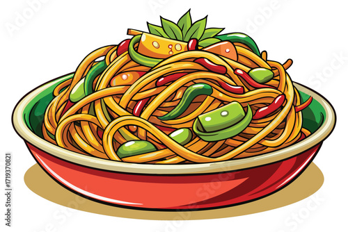 Animated noodles tossed with green peppers and red chilies displayed in a vibrant bowl