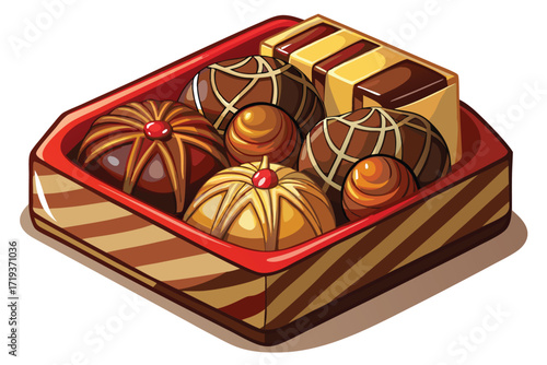 Assorted chocolates including spheres and domes are arranged inside a red striped box