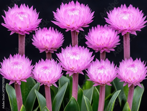 Vibrant pink flowers with green leaves against a black background.
