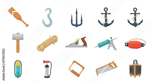 Vector Icon Set of Various Nautical and Workshop Tools.
