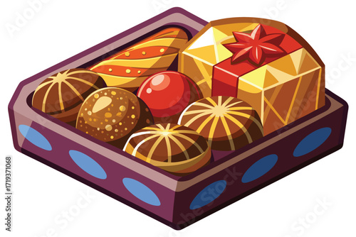 Assorted chocolates and candies are arranged beautifully in a decorative gift box ready to enjoy