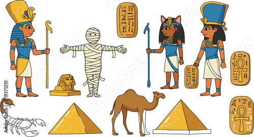 Ancient Egyptian cartoon characters, pyramids, pharaohs, mummy, camel, Sphinx, hieroglyphics, Egypt history, mythology, vector illustration, isolated clipart