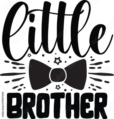A black and white graphic with the words "little BROTHER" written in a stylized font, featuring a bow tie and stars.