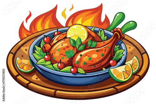 Cartoonish styled fired chicken garnished with lemon, cherry, and vegetables on wooden board