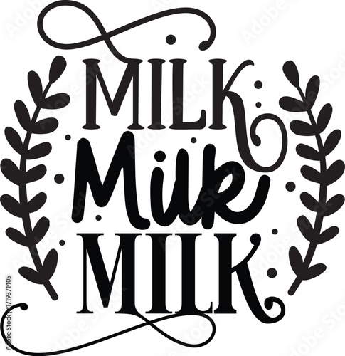 A black and white graphic design featuring the word "Milk" repeated three times in different fonts, surrounded by decorative elements.