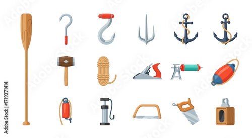Vector set of various nautical and workshop hand tools.