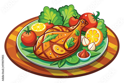 A roasted chicken leg appears delightful alongside vibrant tomatoes, lettuce, and lemon slices