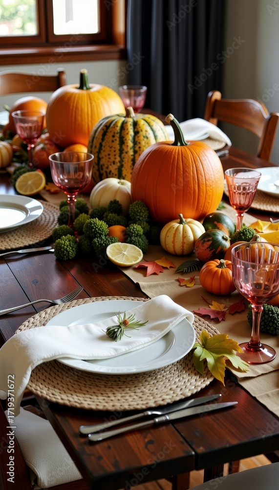 Naklejka premium Elegant Autumn Harvest Table Setting with Pumpkins and Seasonal Produce for Festive Dining and Celebration