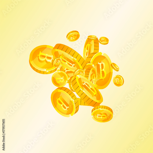 Thai baht coins falling. Gold scattered THB