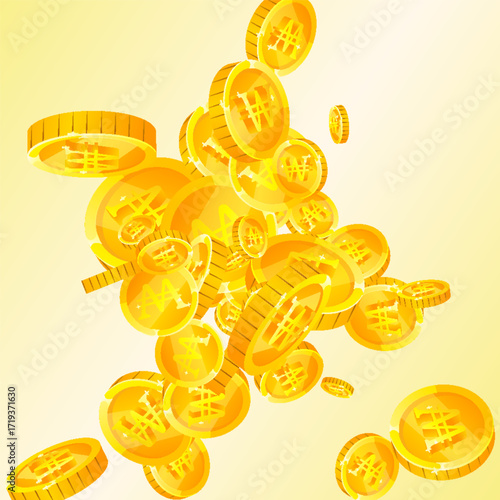 Korean won coins falling. Scattered gold WON