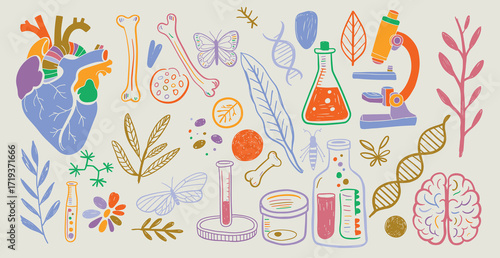 Exploring the Wonders of Biological Sciences: An Artistic Representation of Anatomy, Microscopy, and Nature's Intricate Forms