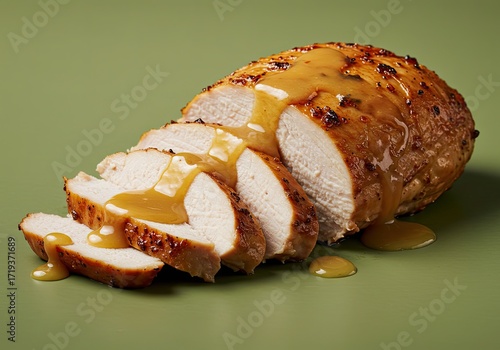 Sliced Turkey Breast with Gravy on Soft Green Background 
