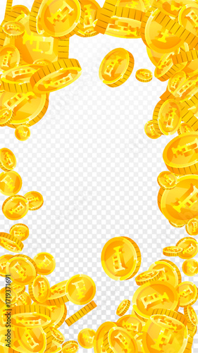 Swiss franc coins falling. Gold scattered CHF