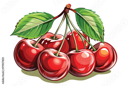 Ripe red cherries gleam with fresh green leaves creating a vibrant summer fruit scene