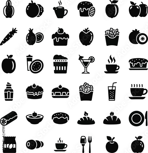 Collection of food and drink icons in black and white