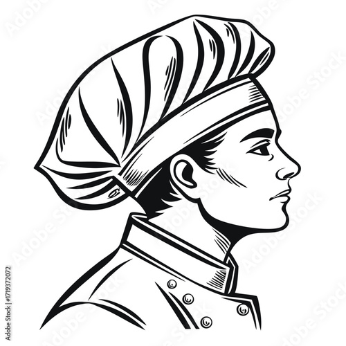Detailed line art depicts an Asian chef with classic toque facing rightward