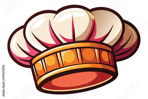 Cartoonish chef hat features cream coloring and brown accents, sitting on a white backdrop