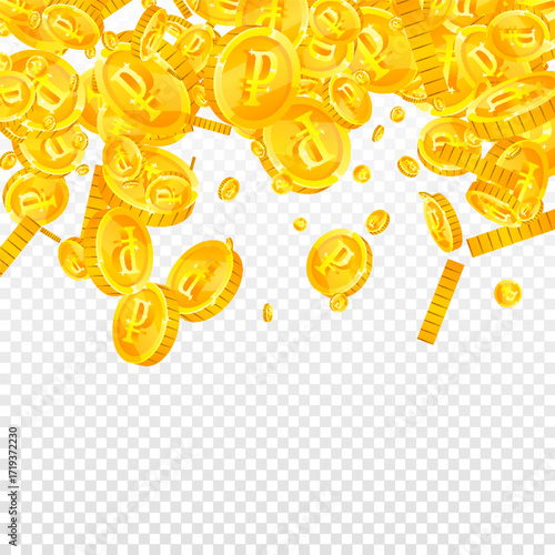 Russian ruble coins falling. Scattered gold RUB
