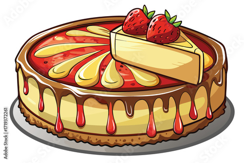Cartoon strawberry cheesecake glistens with chocolate glaze, resting atop its designated plate with style