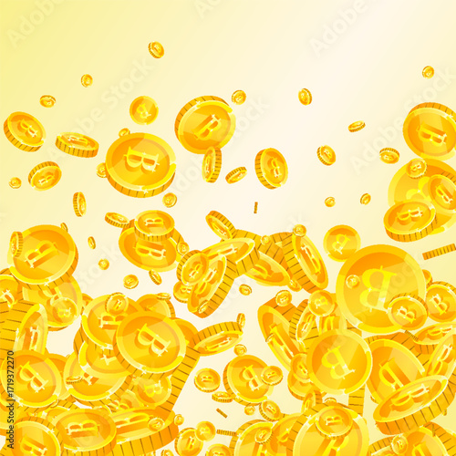 Thai baht coins falling. Gold scattered THB