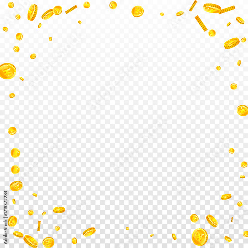 Korean won coins falling. Scattered gold WON