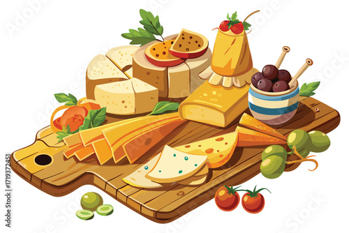 Assorted cheese variety and other food items arranged on a wooden board create an appealing spread