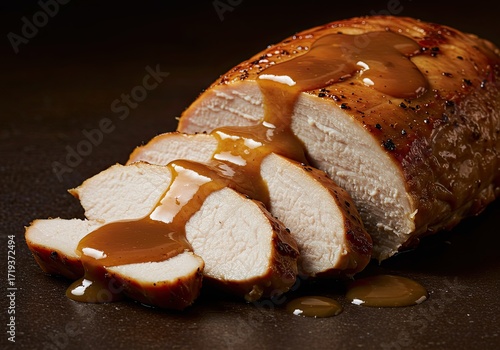 Sliced Turkey Breast with Gravy on Soft Green Background 