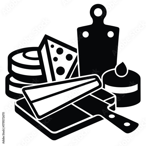Stacked cheese rounds with knife rest beside wedge and board in black