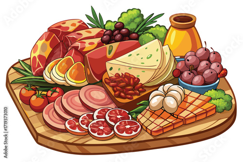 Platter features cured meats, cheeses, fruits, boiled eggs, bread and vegetables together