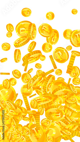 Russian ruble coins falling. Scattered gold RUB