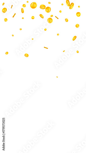 Bitcoin coins falling. Cryptocurrency scattered