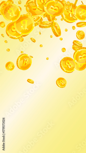 Bitcoin coins falling. Cryptocurrency scattered