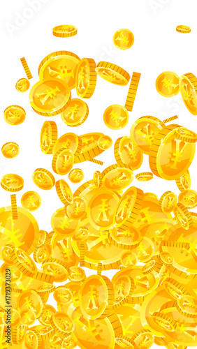Chinese yuan coins falling. Scattered gold CNY