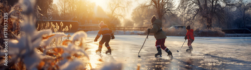Wallpaper Mural Group of children playing ice hockey on frozen lake in autumn and winter surrounded by autumn trees and sunset in the background. Torontodigital.ca