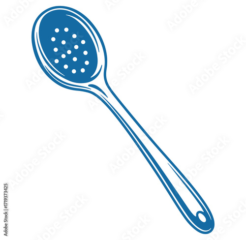 Blue vector illustration of a kitchen skimmer spoon on a clean white background