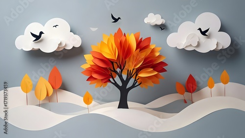 Paper autumn tree with birds and clouds on a light blue background art