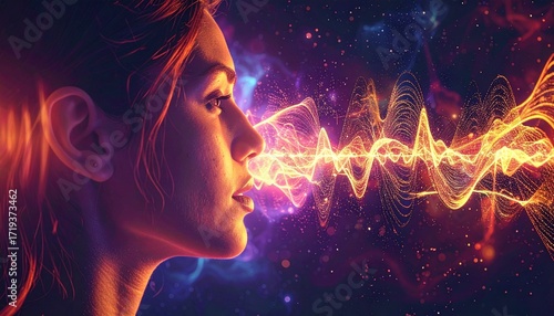 Abstract depiction of a woman's profile with sound waves emanating from her mouth, symbolizing communication and the power of voice in a cosmic setting